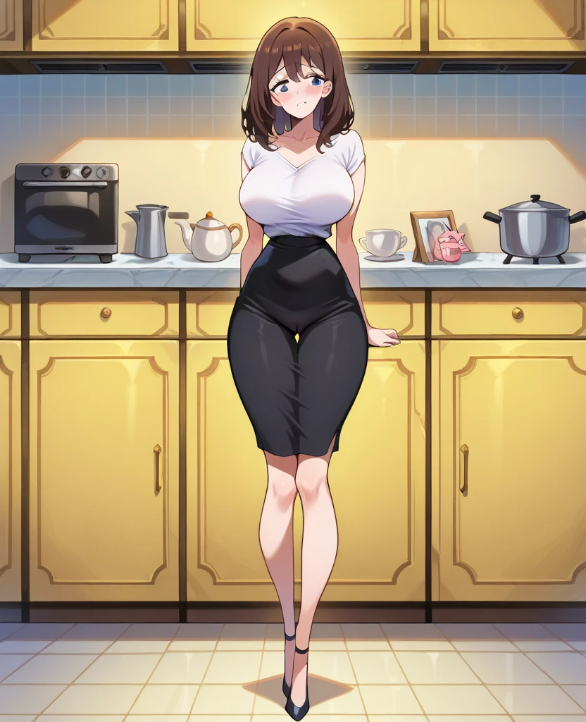 Score_9, score_8_up, score_7_up, source_anime, 1girl, solo, ((dark pixie haircut)), kitchen background, pale, mature female, milf, wearing a sleeveless sweater, wearing short yoga pants, ((visible camel toe)), green eyes, crotch, thighs, standing, legs spread, ((wearing sandals)), 