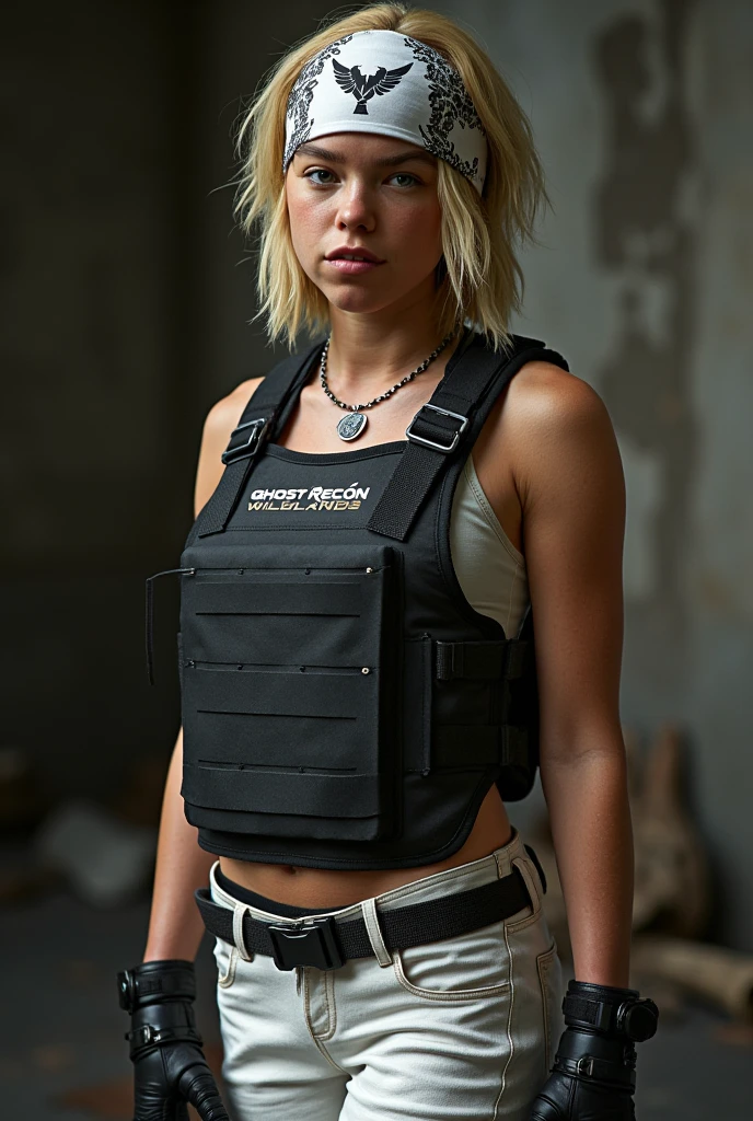 Milly Alcock,blonde hair,white and black bandana, white tanktop, black bulletproof plate carrier vest, white pants, tom clancy's Ghost Recon Wildlands, modelshoot