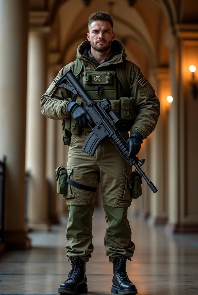 <lora:soldier_xl_2:1> a photo of a soldier standing in front of a door, helmet, sunglasses, black cloth mask, small us flag badge on chest, holding a ak47, standing guard, wearing pants, wearing combat boots