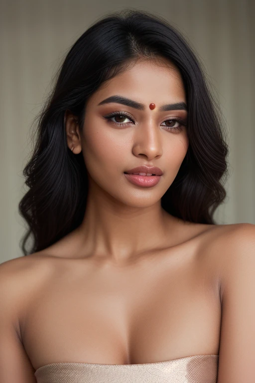"Generate an ultra-realistic portrait of a South Indian woman with intense dark brown skin. She is short in stature with natural small breasts and hips. Her facial features include big lips, a diamond face shape, and chubby cheeks. She has a long forehead and curly long hair styled to the side. Her eyebrows are minimal, and she wears basic eyeliner. The woman is depicted wearing a yellow bra with white dots. Her lips are dark, complementing her darker skin tone and facial complexion."