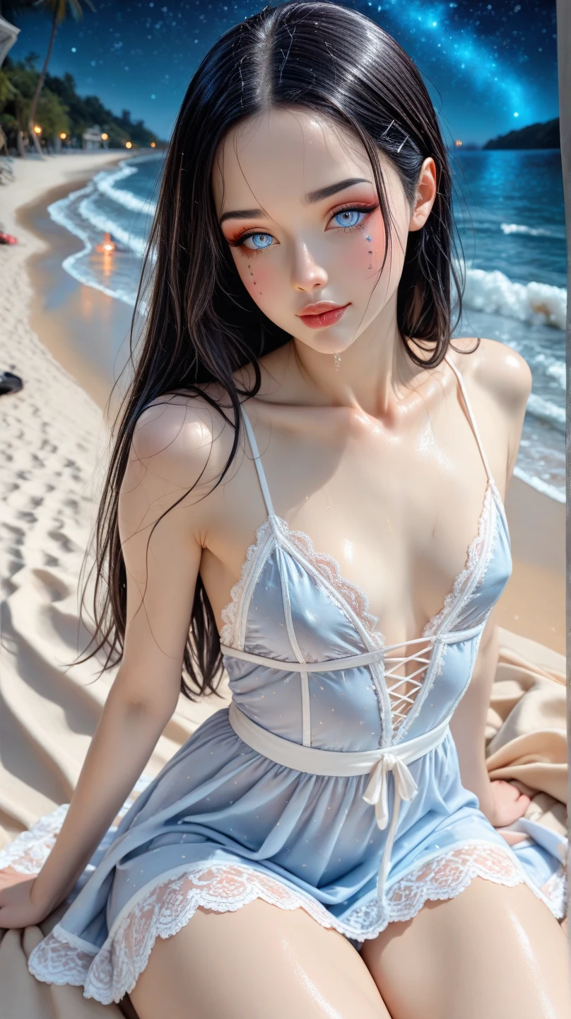 ((Best Quality, 8k, Masterpiece: 1.3)), a beautiful 1 woman, perfect figure: 1.4, slender abs: 1.3, (light brown hair, realistic: 1.2)), (wearing strapless vest blue crystal particles) (wearing sexy thong blue crystal particles), (lying in hammock, hammock, on the beach: 1.2), highly detailed facial and skin texture, detailed eyes, double eyelids.