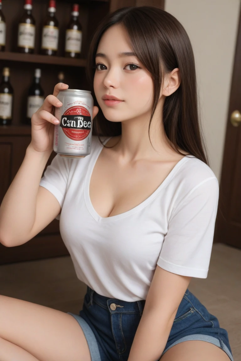 A boldly composed photograph of a Japanese woman that looks like it was taken by a famous artistic photographer, (((Blockbuster art photography)), (8k, Highest quality). A stunning composition using a model with excellent proportions. Perfect beauty model with a confident and balanced appearance, ((Highest quality質)), ((masterpiece)), (Familiar:1.4), ((Highest quality質のリアルな写真)), ((Shot with Hasselblad)), ((Best photo quality)), Beautiful womanの画像,Super Resolution,Slim and perfectly proportioned, Beautiful woman, ((Highest quality質, 8k, masterpiece: 1.3)), Beautiful woman, 1 female, Slim figure: 1.1, Perfect beauty, 20-year-old, (Realistic: 1.4), Ahegao, Shining Sweat, thin, Art photo composition with space around the woman, See through, (((Filming in a spacious studio))), (((The background is only gray and there is nothing.))), Full body photo, Anatomically correct hand, Anatomically correct legs, anatomically correct whole body, Marble room, White t-shirt and shorts. Cowboy Shot, (((Holding your crotch with your hand))). Spread your legs, drinking beer, Nipples are protruding,, (((Your T-shirt is wet with beer))), (((Being drunk))),
