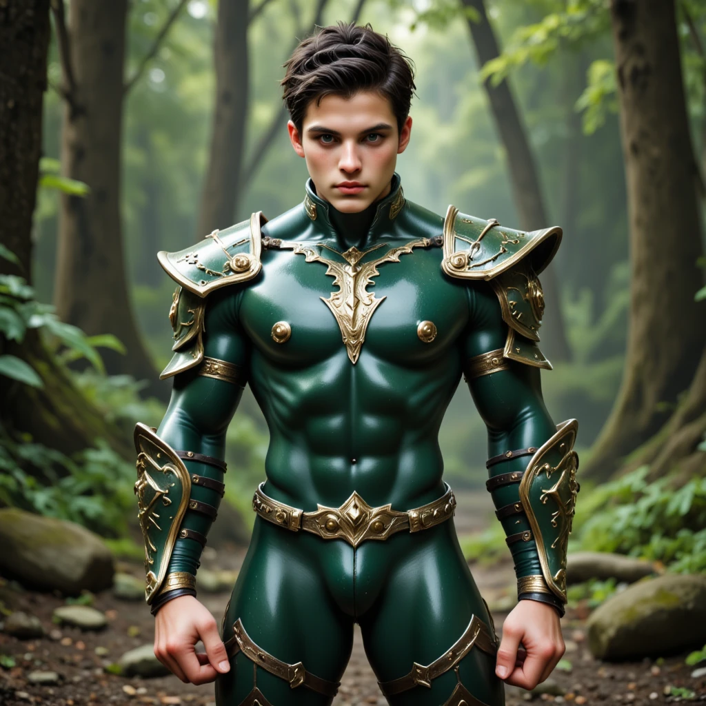 best quality,masterpiece,Ultra high detail,A handsome muscular fractal green hair elf druid man, Short green hair,topless,),(super duper bulge his green micro thong),realistic, forest background, light environment