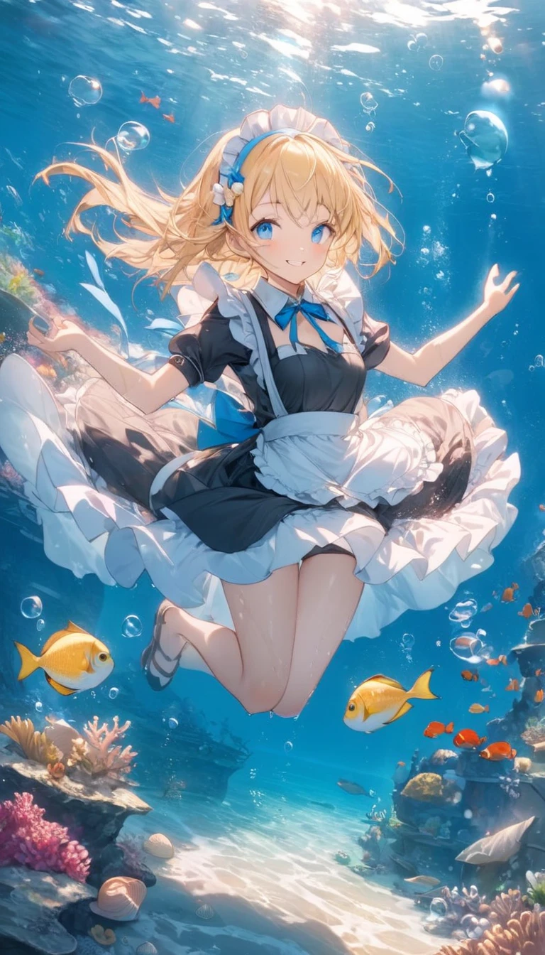 ((Masterpiece)), ((best quality)), (Professional Photography:1.2), (High Definition:1.3), ((12 years old)), Castle in the Sea, (jellyfish costume:1.4), jellyfish girl, smile, open mouth, (cute posing), (blonde hair:1.3), medium hair, (soft braid:1.3), blunt bangs, hair scrunchie, black eyes, sparkling, (ultra detailed perfect piece:1.2), illustration, (coral reef), (very fine 8K CG), in the sea,
