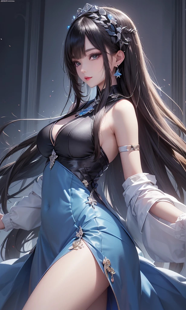 1 girl, high res, long black hair, blue eyes, wearing beautiful dress, happy and elegant, mother, ultrasharp, 8K, masterpiece, looking at the viewer