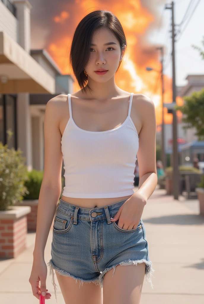 8K, masterpiece, A beautiful woman with short hair standing inside a burning building, Lookbook,