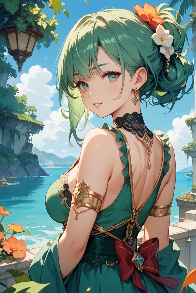 Highest quality, 8k, 4K, High resolution, High Contrast,1girl,only,Beautiful green hair, ponytail,(Beautifully detailed face), Green clear eyes, beautiful eyes, Happy expression, Moderate bust, Healthy Body, Swimwear, 20generation, Seaside, Precise and beautiful scenery