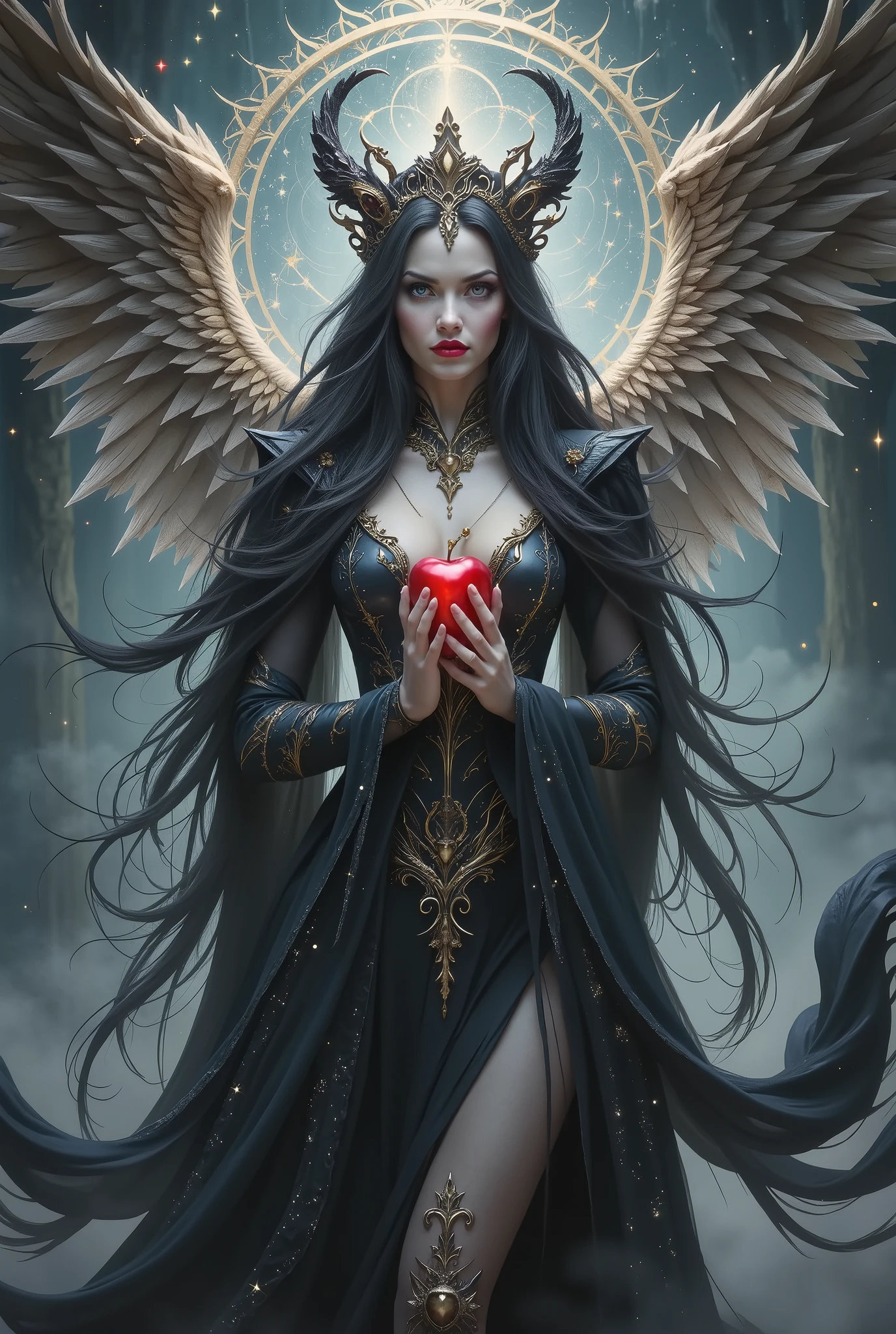 Girl,Long black hair，black queen，Accessories，apple in hand，poisoned apples，witch queen，red lipstick, fantasy style, Angel, 