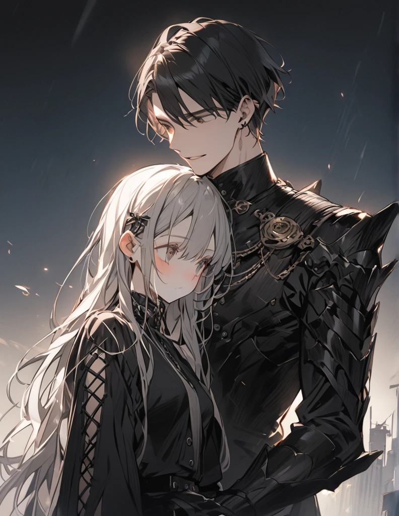 A man in black armor holding a girl with short white hair