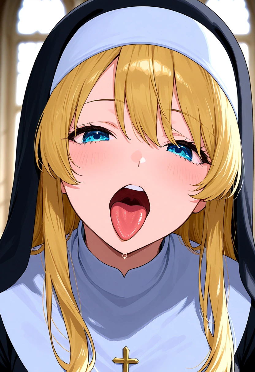 score_9, score_8_up, score_7_up, source_anime BREAK 1girl, solo, jainapre, blonde hair, blue hood, cleavage, shoulder armor, capelet, midriff, navel, , looking at viewer, blush, open mouth, big mouth, tongue, tongue out, close up, saliva, uvula, uvula, room, mouth focus, excessive saliva, giantess, room, from bellow, angry