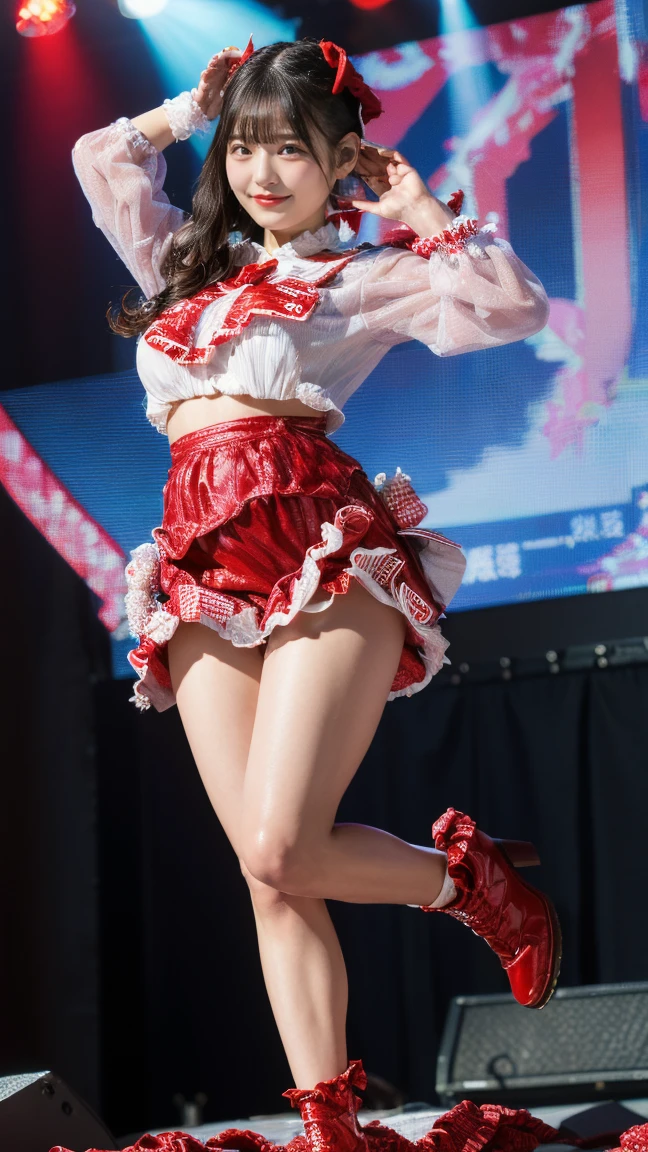 ((Highest quality)), ((masterpiece)), (detailed), {One girl,18 Yo,(smile:Open your shoes and show your teeth:1.5)},{Double Eyes},,{eye shadow},{{ Short Hair:1.5}},,{There is a woman standing on stage with a microphone.}, performing on stage, large Thighs, exposed Thighs, exposed Thighs!!!, thick Thighs, on stage, {{Red panties are visible}, Thighs, Chubby, Thighs close up, Thighs!!!!!!, Chiho, Thighs!!!, Spread your legs, On Stage