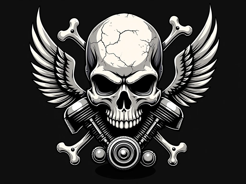 T-shirt designs, Fully editable vector illustration of vintage biker skull with wings and pistons emblem on white background, image suitable for emblem, insignia, crest, graphic t-shirt, tattoo or t-shirt design