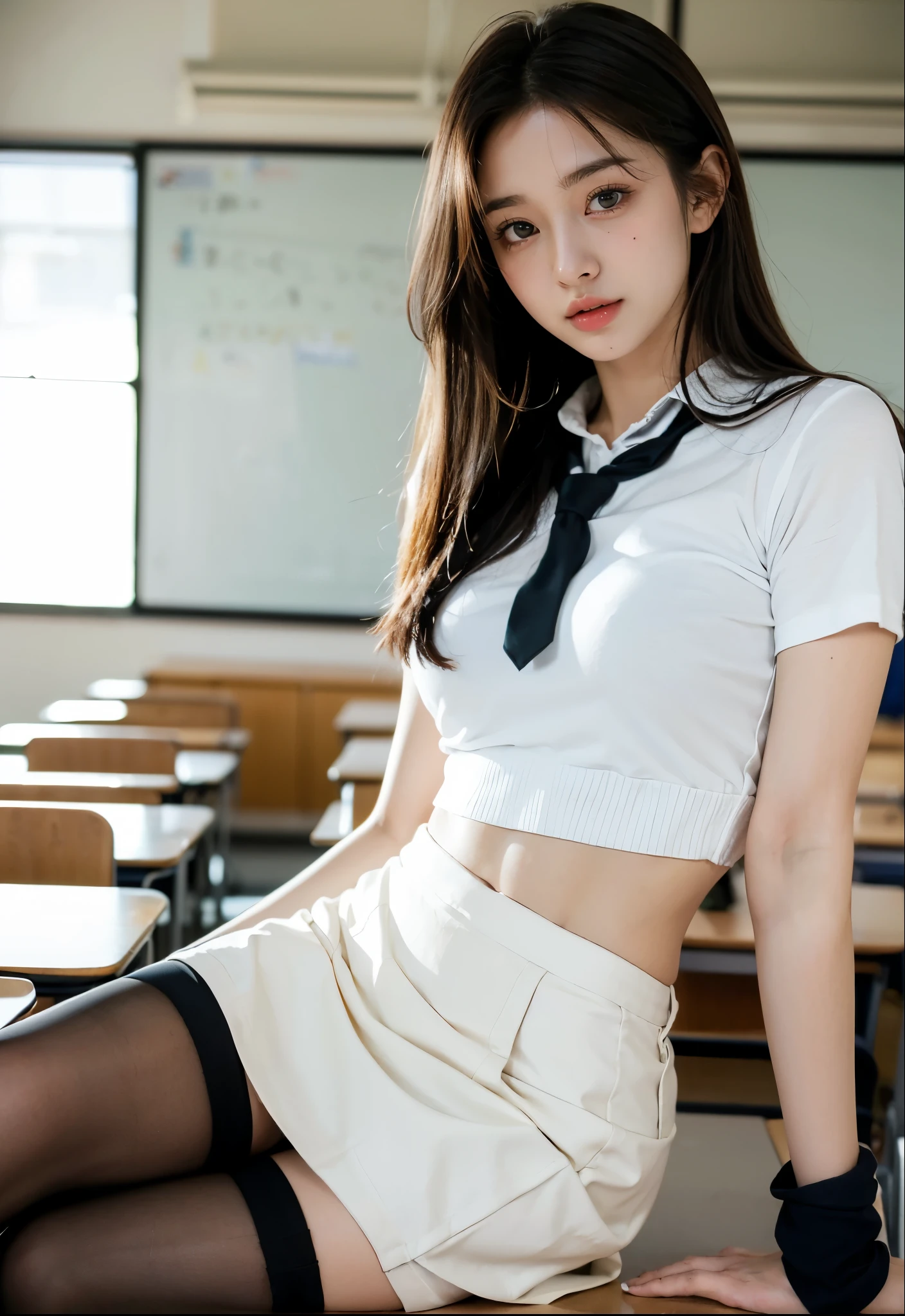 (1 girl), (sexy look:1.5), (flat chest:1.3), (very detailed目, very detailed顔), (超realistic, High resolution), (highest quality:1.4), (hyper quality), realistic skin texture, RAW photo, (realistic, Photoreal:1.37), very detailed, professional photography, (school uniform, pleated skirt:1.3), (look at me), (School, classroom), ((Meet me face to face:1.4)), (from below:1.3), realistic private parts, lace panties, Japanese high school girl、超highest quality、masterpiece、超High resolution、Depth of written boundary、(Photoreal:1.4)、(Award-winning photo、信じられないほどのmasterpiece:1.3) 、RAW photography、golden ratio、Highly detailed CG Unity 8k wallpaper、detailed and complex、original、High resolution、RAW photo、(perfect body shape)、detailed and complex、Digital single-lens reflex camera、soft writing、(background person blur:1.1)、Sigma 85mmF/1.4、50mm Lenac lighting、nffsw、hyper real、color grade, Rear view,from below:1.3), (((hold the hem of her skirt, she spreads her legs and shows off her real pussy.:1.4))), (vagina)、spread your legs、Lying、On my back、penis、cum in pussy、(focus on girl)
