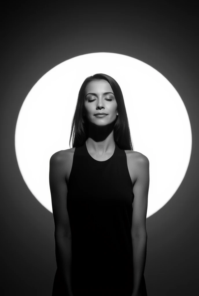 A black and white photo shoot from a profile camera angle about a serene woman with long hair standing in front of a large circular light source. the image also shows a woman in the middle of the frame, who appears to be in her early twenties, with her eyes closed and a calm expression on her face. she has long, straight, dark hair and is wearing a sleeveless black dress. the woman is positioned in the center of the image, facing the viewer with her upper body visible. the lighting is soft and diffused, creating a sense of calmness and serenity. the background is a simple, dark gradient with a large, white circle behind the woman. the overall mood is peaceful and contemplative.