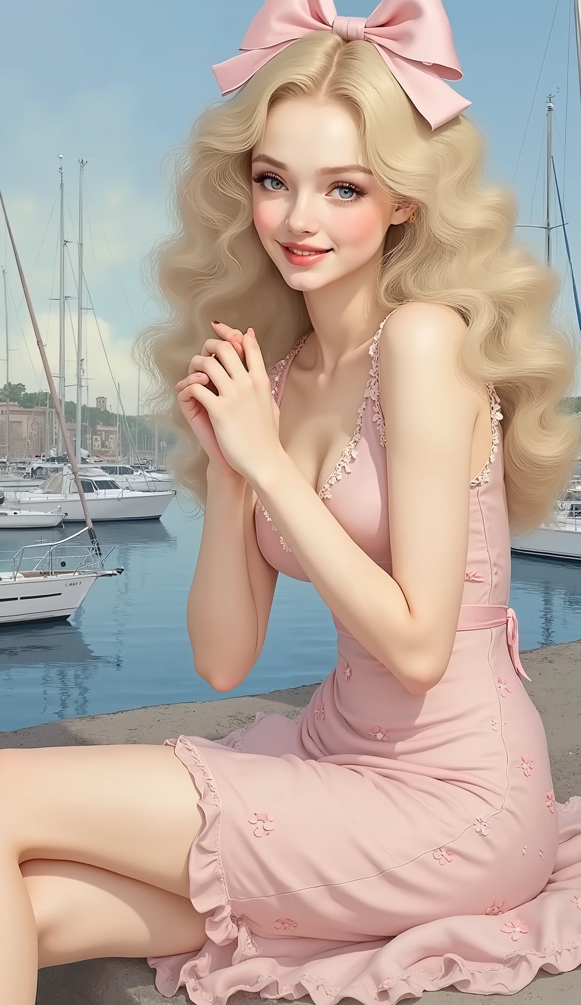 a highly detailed, digital painting in a style reminiscent of classic pin-up art, with a focus on realism and elegance. a smiling young woman with a fair porcelain-like skin . She has long curly blonde hair adorned with a pink bow. her eyes are a bright blue with eyeliner and mascara, a sultry vintage look. She is dressed in a soft pale pink sleeveless short silky dress with a subtle floral pattern Her pose is seated, with her knees drawn up to her chest, Her hands are clasped together, resting on her knees, adding to the sense of vulnerability and charm. The background features a picturesque harbor with several sailboats and yachts moored in the calm waters. The sky above is a gradient of blues, nostalgic, old-school glamour, evoking the style of classic pin-up art from the early 20th century. timeless beauty allure and feminine charm. painting, japanese velvet_myst,