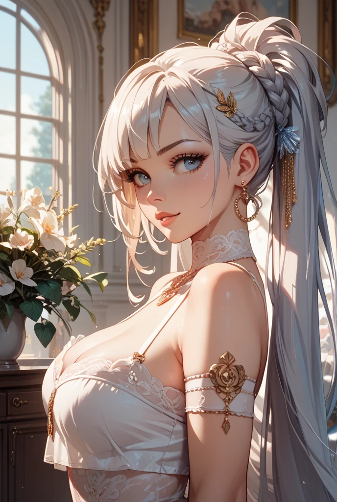 ((8k wallpaper of extremely detailed CG unit, masterpiece, hight resolution, top-quality, top-qualityのリアルテクスチャスキン)), (very beautiful and attractive woman, The upper part of the body, Landscape composition, Pose like a model, Wear a bride in white wedding dress:1.2, Japanese pattern micro mini shorts:1.2), (messy white hair, Plump lips, de pele branca, medium breast), (((Colorful background with geometric patterns, Japanese pattern background, warm color))), (high-angle:1.1), (hyper realisitic, digitial painting), Fox's ears, fluffy ears,
