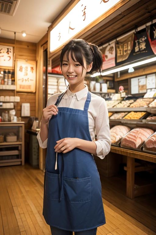 21 years old girl (Japanese cute face) wearing mini skirt and apron and working at shop selling umbrella and parasol