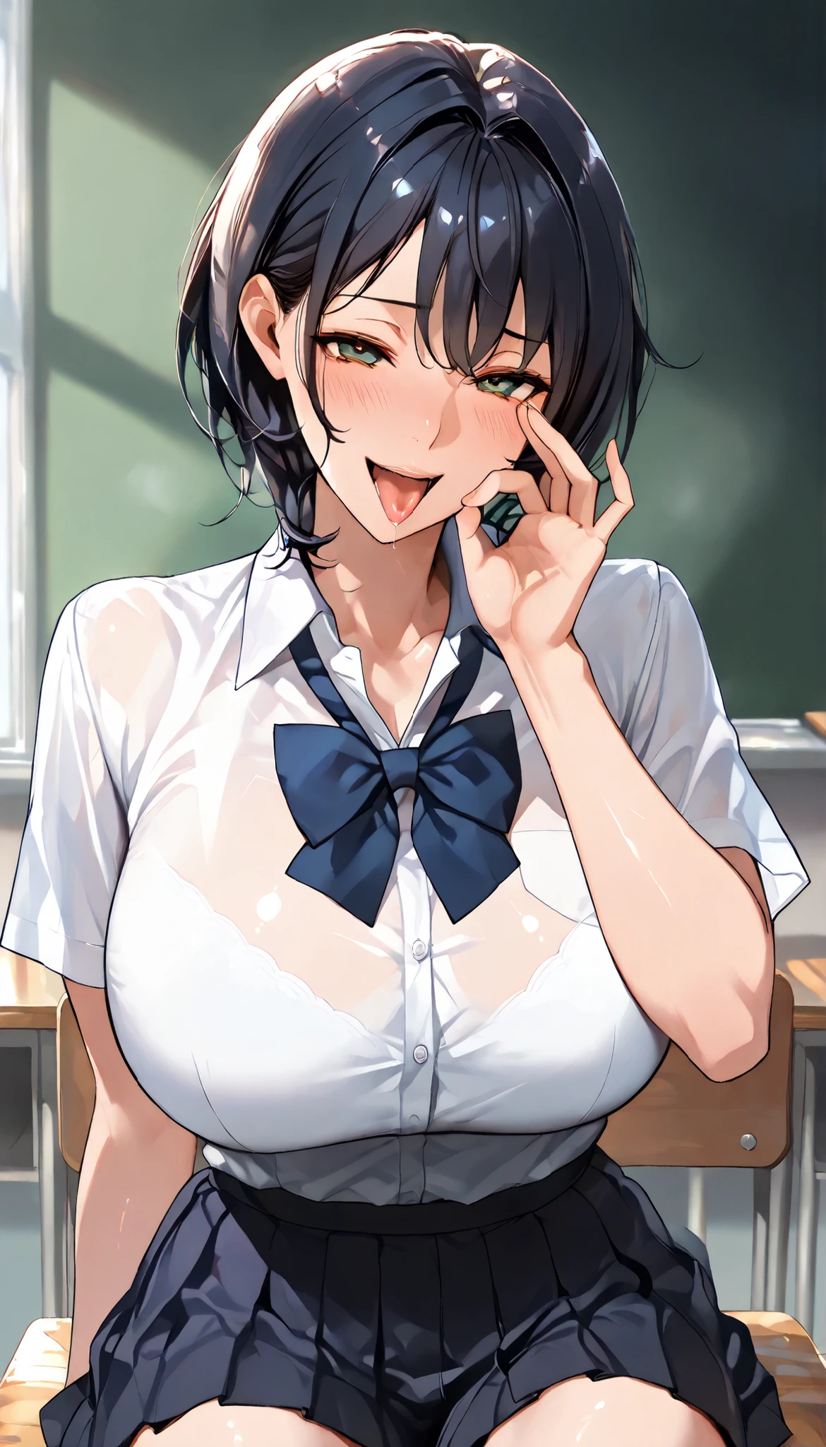 SOLO,Modern Backgrounds,A female with slim body(older girl),(Green eyes),huge oppai,shiny skin,(Wearing A loose JK skirt),(Loose school uniform)(See-through),Sitting in Classroom,Arrogant sitting position,(Dark Blue short hair,High split ponytail, hair intakes),(Fellatio gesture, Open mouth, Tongue out),Seductive smile,((Torogao)),slightly tilted forward,UHD, SOLO, anatomically correct, masterpiece, textured skin, high details, highres, 1080P, 16k, accurate, Beautiful face, Beautiful Nose, Perfect face, Highly detailed beautiful face and eyes, Attractive face, Detailed face, Delicate facial features, Detailed skin,Cowboy shot
