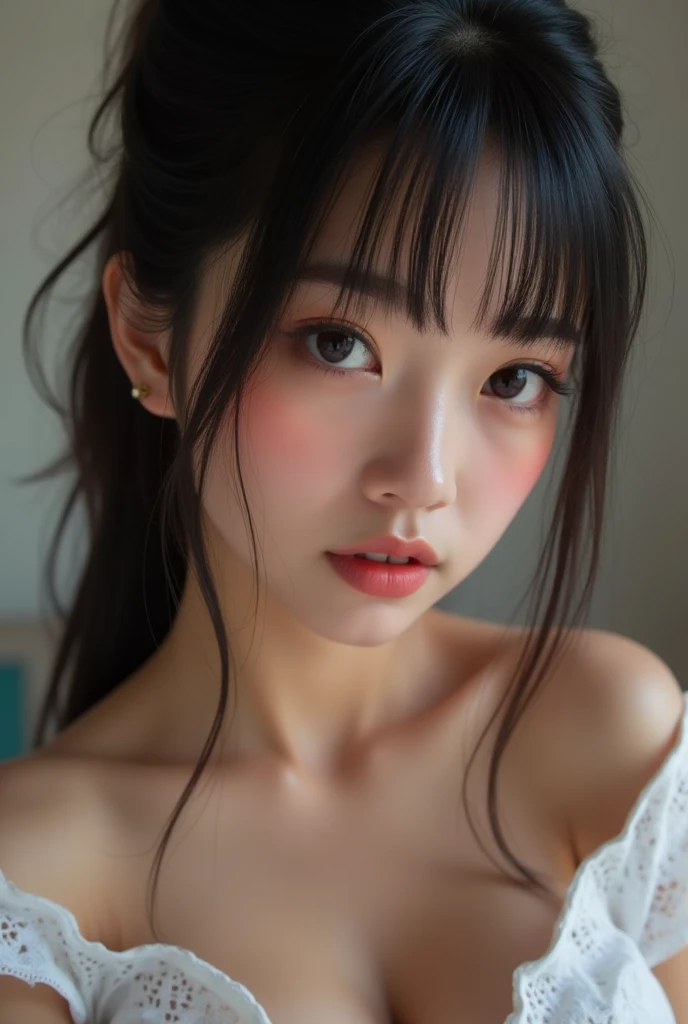  woman, black hair, single braid,  eyes, gaze, mouth parted, Deep blush, excited, Beautiful face, Stunning make-up, off shoulder T-shirt