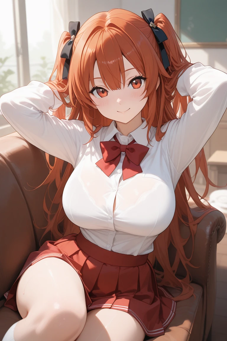 masterpiece, best quality, nsfw, 
 1girl, from above, sitting, cleavage,
 lift up the pleated skirt, sailor suit, white panties, orange hair, evil smile, peace sign,
 downtown area, night,