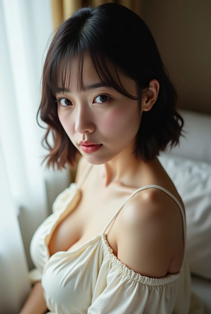 (table top, highest quality:1.2), 8K, official art,on the bed、Cherry print camisole、lie on your back、big breasts、Elbows on the sides of the face、simultaneous、simultaneous、simultaneous、Feels good、両close your eyes、wrinkles between eyebrows、unfortunate、tears、 cute face、Full body Esbian、、look up、skinny、14 years、big breasts、close your eyes、深いsorrow、sorrow、look up at the sky、please open your mouth wide、shout、 incredibly ridiculous、bob hair