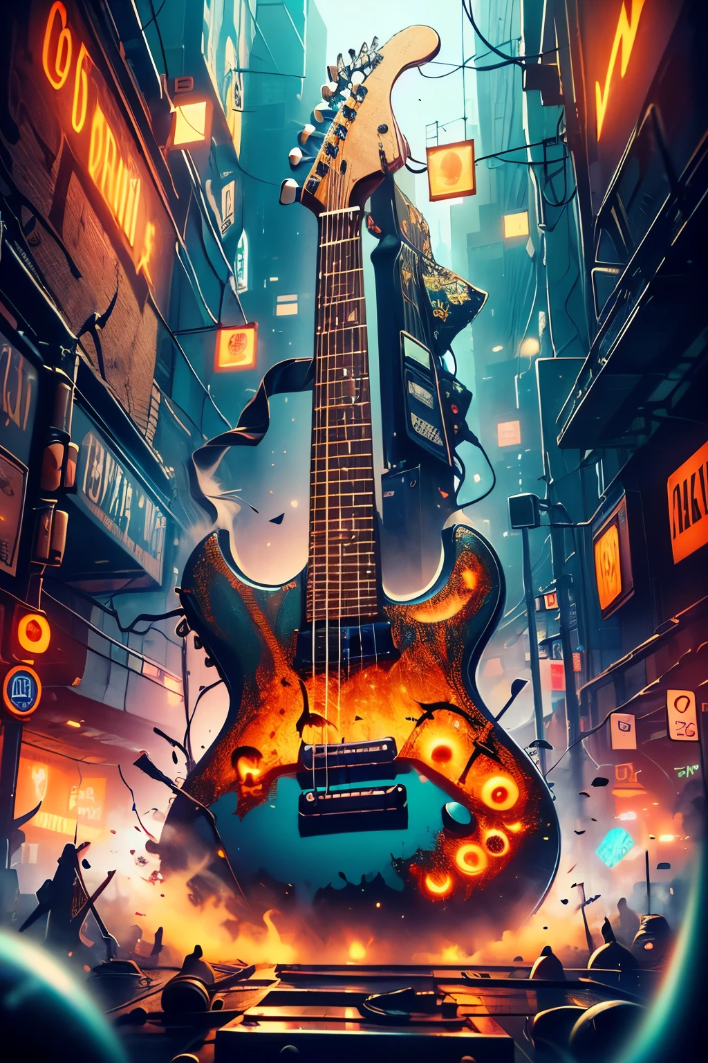 (( City of Music Homage to Guitarists from Around the World, Guitarist from the United States , bold with a subtle touch with reference to the 80s and 70s details on the clothing referring to that era , Yamaha guitar with bold details and design specific to this guitarist who represents the United States of America , details of the city filled with personalized loudspeakers in neon red and blue)))