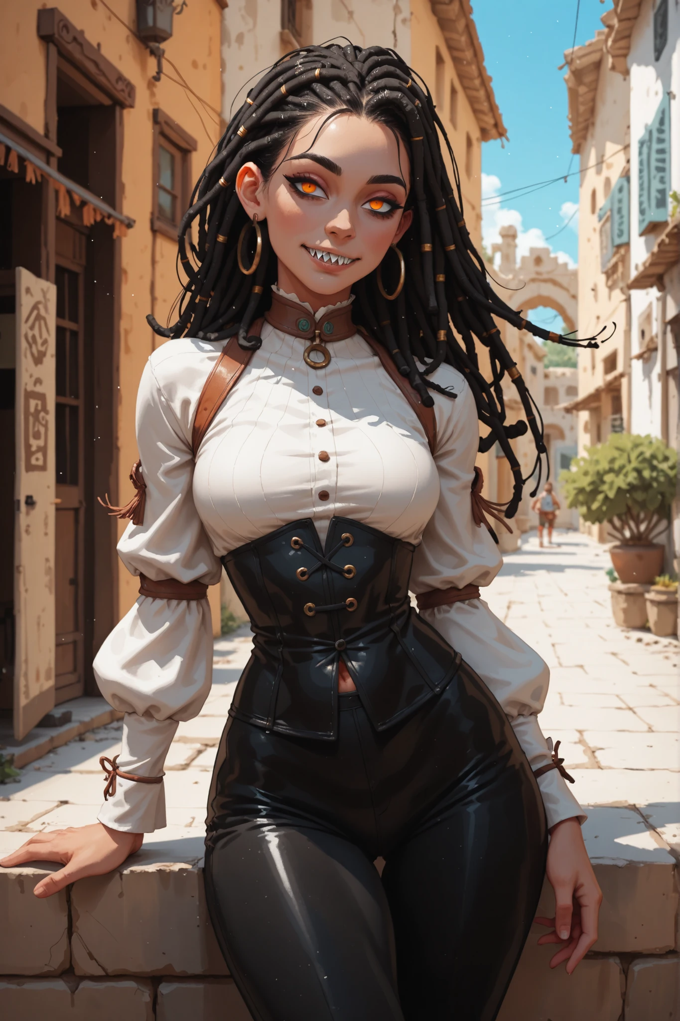 Meisterwerk, hd , great quality, very aesthetic, absurd, high contrast , high color palette , light glare ,neueste,2.5D,volumetric lighting, Sweet, jung, 1 girl, asiatisch, Mongol girl, round face, slanted eyes, big eyes, asian girl, rote Augen, Asian eyes, B-Cup, soft abs, rote Augen, Albino, leather clothing, fair-skinned, white and black hair-colour, ATHLETIC BODY, aztekisch, leather clothing, attentive, small smile, looks at the viewer, Dreadlocks, sharp teeth, Hintergrund: jungle and Aztec ruins, looks at the viewer, looks like a young Jennifer Lawrence