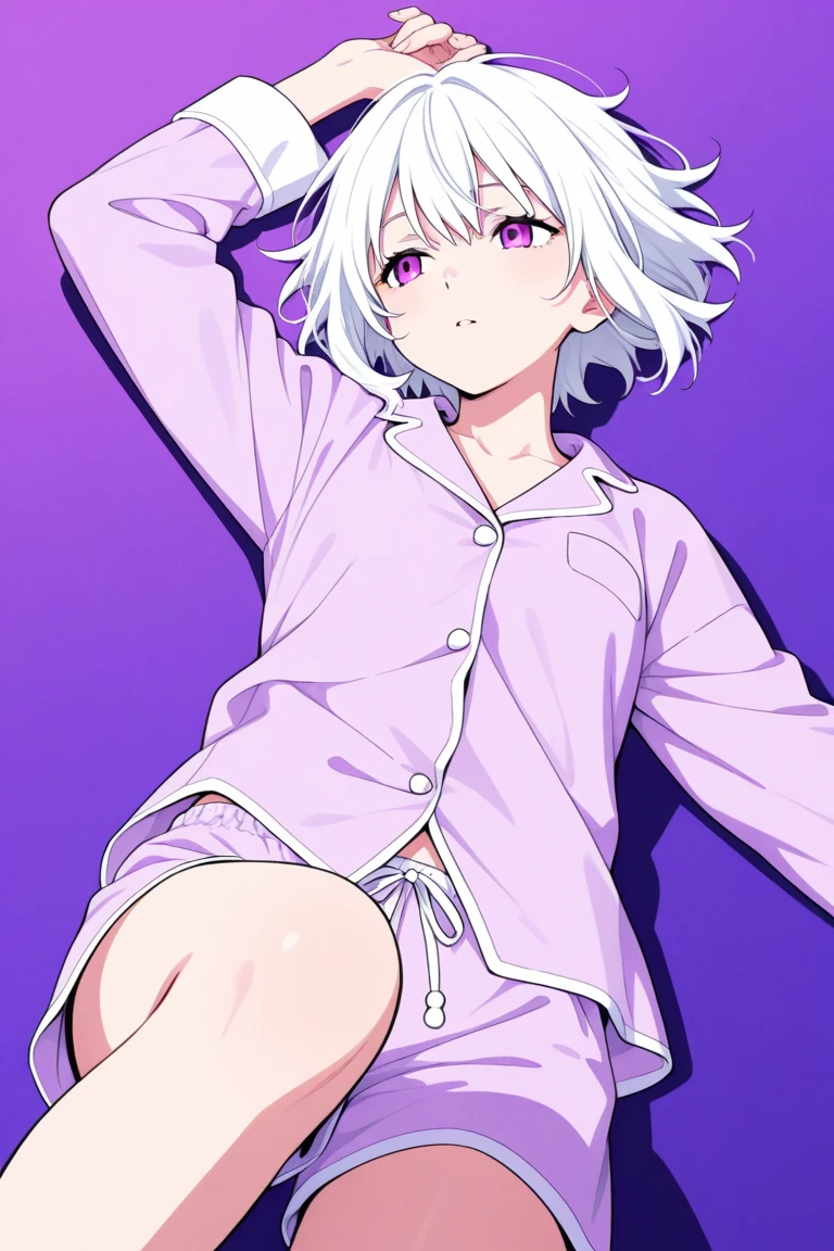 White Hair Girl、Pink Eyes、Short Hair、Only one girl、Night、In the bedroom、Blushing、laughing、Excited、Just One、Sitting on the bed、Wearing only underwear、Sweating、nsfw
