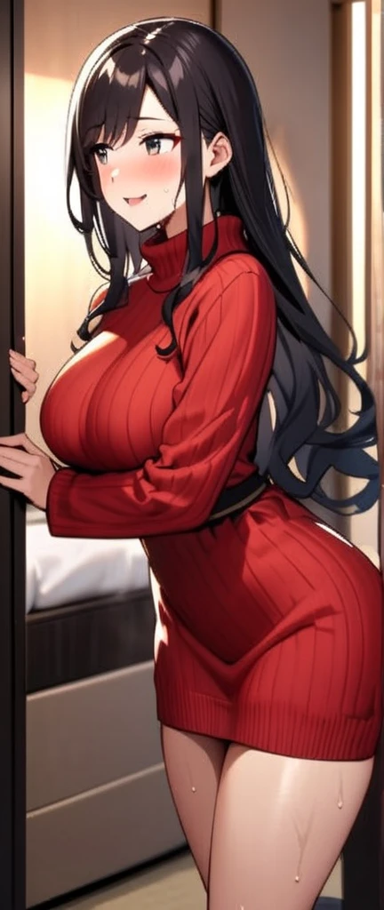 A tall curvaceous and voluptuous seductive lady, with a very long black hair , wearing black pointy heels with black jewelry ornaments on her legs, With her eyes in a sleepy sultry gaze ,her pupils are white , she is wearing a black silky dress that tugs every of his curves with the fabric of the dress only covering her private parts, she has very large massive breasts, With a sultry smile.