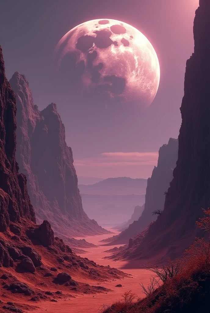 Create a Full HD image of a view of a moon seen from a hostile plant