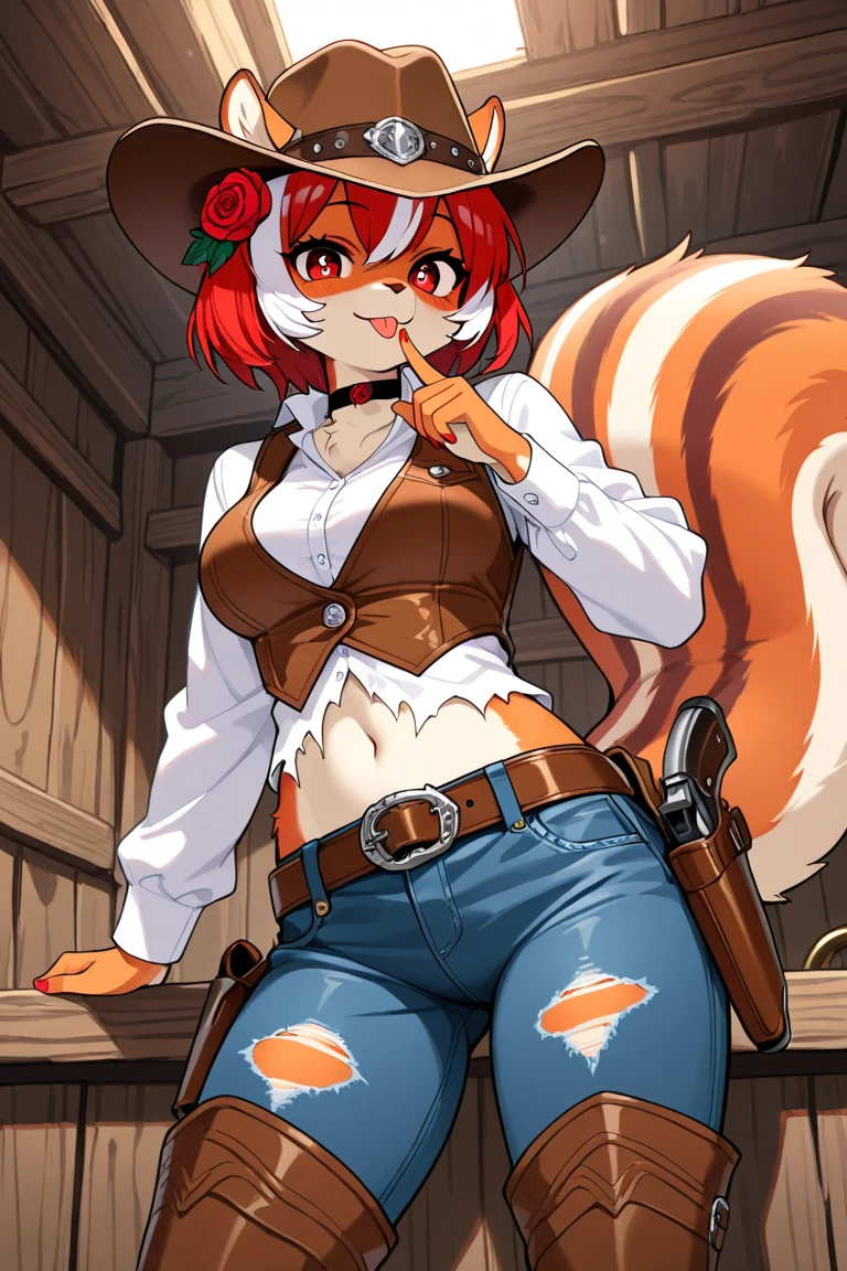Perfect face, perfect hands. An orange haired female cowgirl with copper eyes with an hourglass figure with orange fox ears and an orange fox tail in a conservative cowgirl outfit is playing cards at a saloon