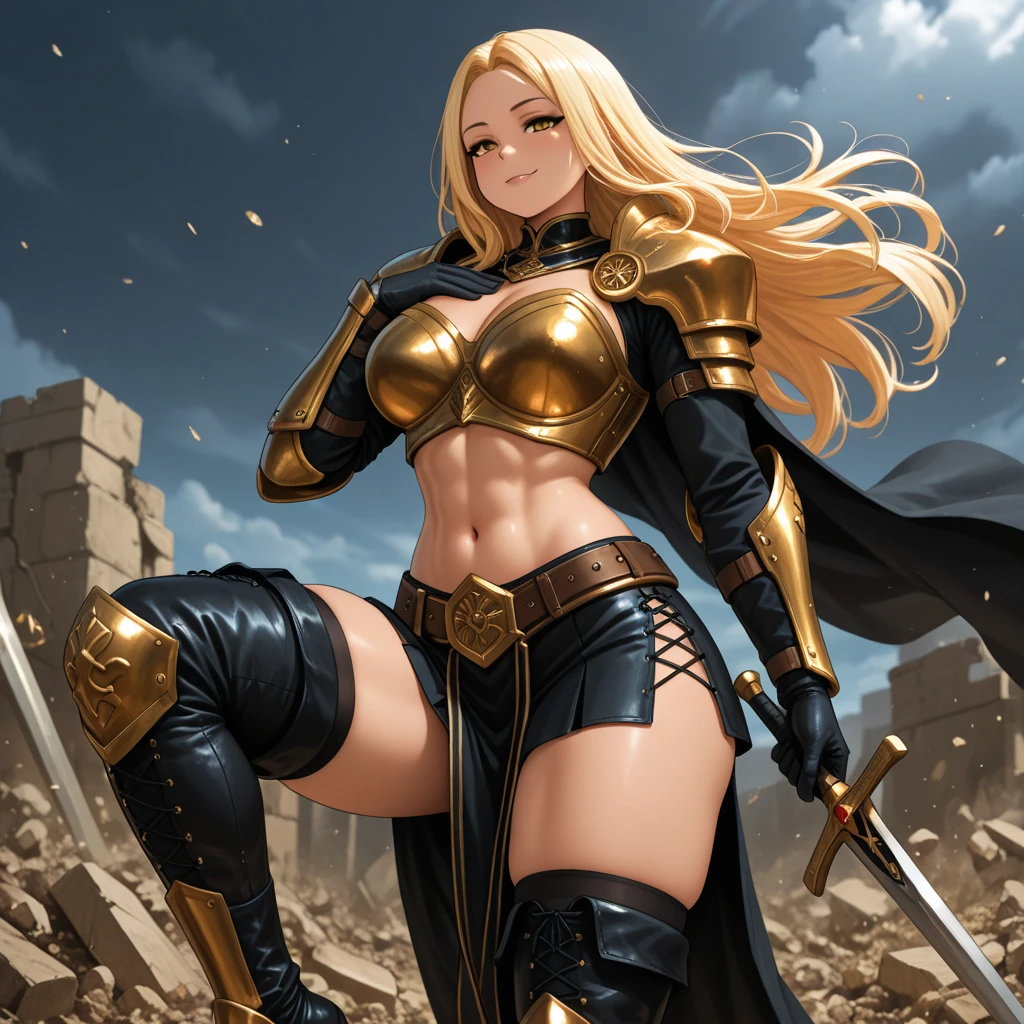 attire, Very long blonde hair fit Woman wearing armor cammy cosplay, Womanly, impossibly small tiny waist abs waistline, circumference of lower extremities far exceeds 80 inches hips, she has massively immense hip measurements, with the largest fitt buttocks, location: Dragon's Crown first kevel, intense detail, bold leggings, semi realistic anime style, A bottom-heavy, superior body part, voluptuous lower body, feminine figure, portraits, Reductionist form, mujercore, bold lines, in the style of Mike Campau, Iris Van Herpen, Howard Schatz, Russian-Western, an Inferior Physical Goddess