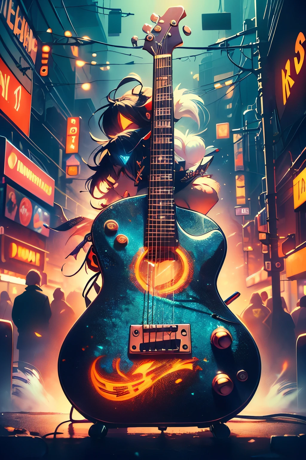 (( City of Music Homage to Guitarists from Around the World, Guitarist from the United States , bold with a subtle touch with reference to the 80s and 70s details on the clothing referring to that era , Yamaha guitar with bold details and design specific to this guitarist who represents the United States of America , details of the city filled with personalized loudspeakers in neon red and blue)))