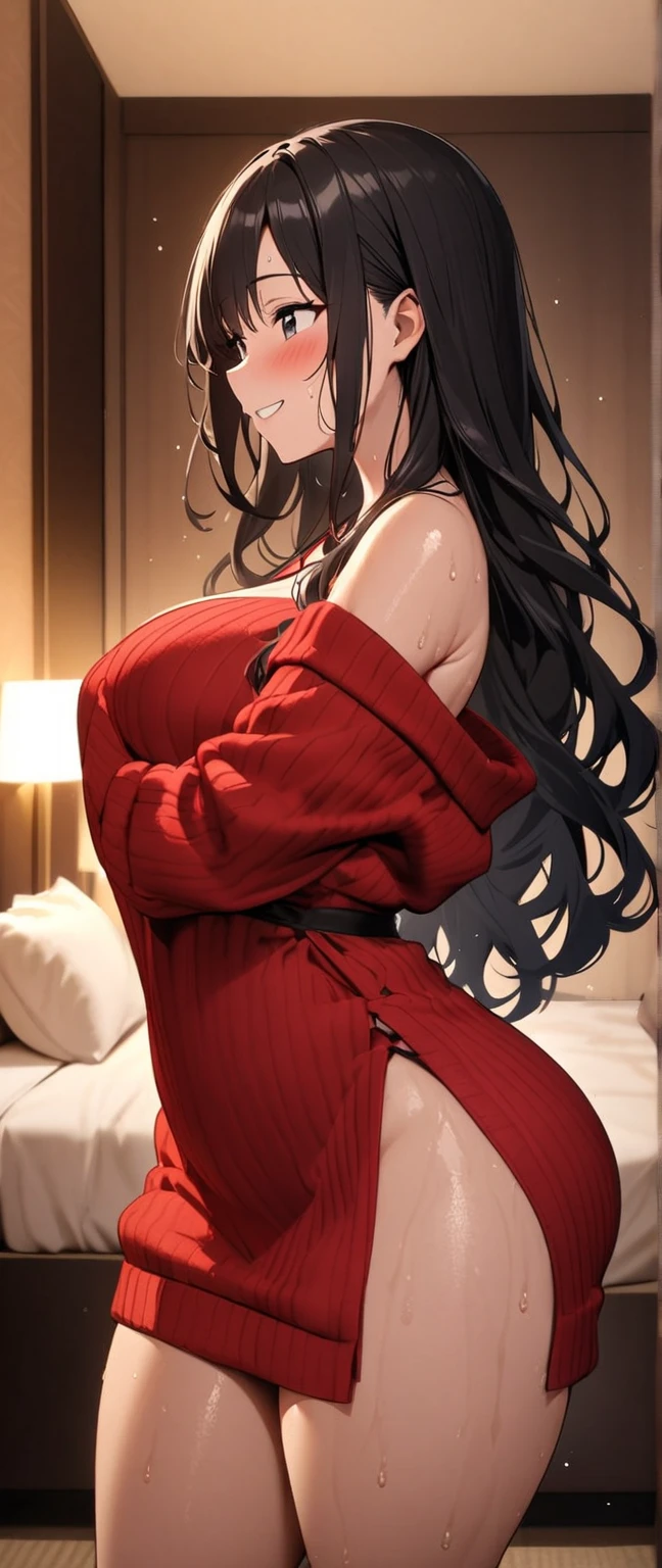 Beautiful and elegant tall mature succubus woman with dark brown hair and pink heart-shaped pupils with extremely voluptuous body wearing a red dress, doing a very provocative pose, in a luxurious room