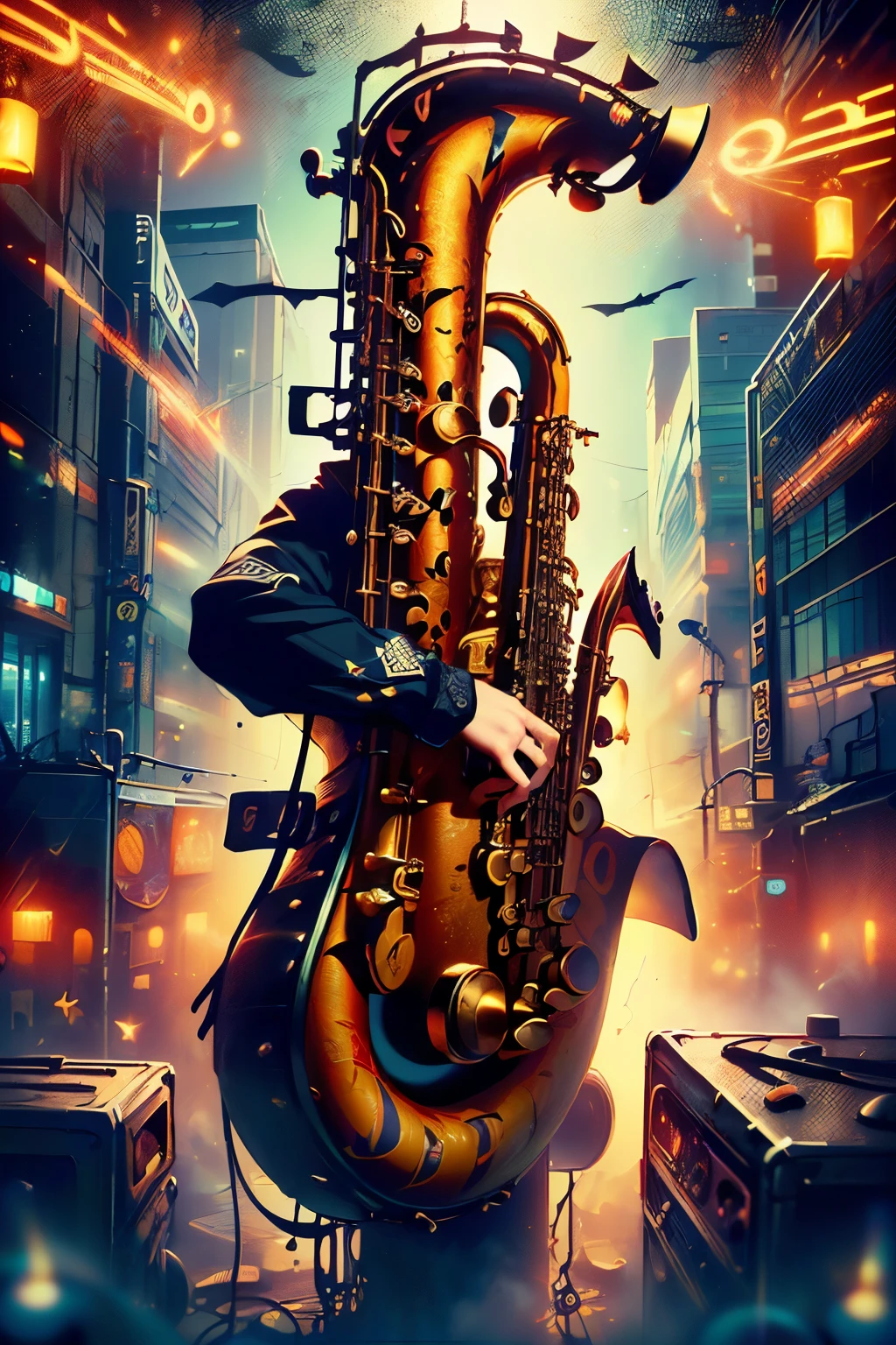 (( City of Music Homage to Saxophonists from around the world , bold with a subtle touch with reference to the 80s and 70s details on the clothing referring to that era , Yamaha Saxophone with bold details and design specific to this guitarist who represents the United States of America , details of the city filled with Alro-speakers personalized in neon red and blue)))