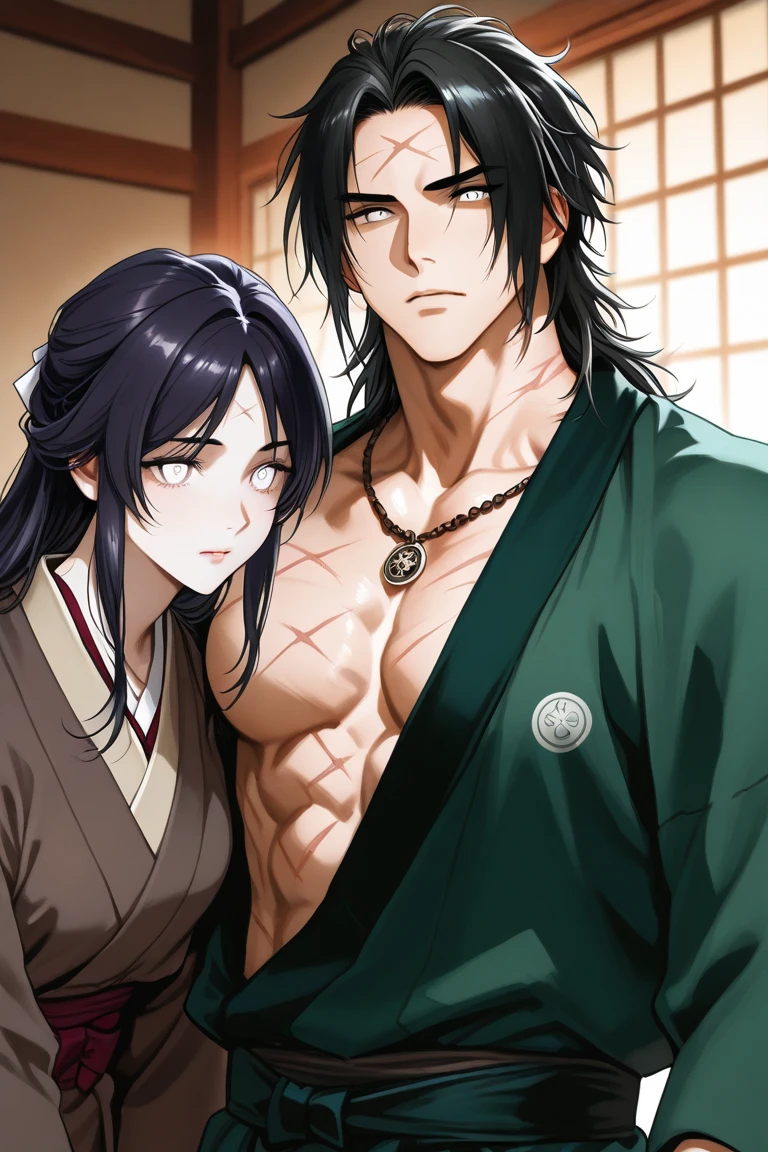 ((highest quality)), ((masterpiece)), (detailed), (Perfect Face)、(The woman is Princess Leona, with long, straight, light brown hair that she has down, a slender figure but a normal chest, a gentle smile, and is in a luxurious samurai mansion. The woman is naked and wearing luxurious accessories such as earrings, a necklace, and bracelets.)、A husband and wife are naked and peacefully embracing each other. The woman leans on her husband and the man embraces his wife. The husband is 60 years old and the wife is 32 years old.、The man is Oda Nobunaga, naked and with a dignified beard and topknot.