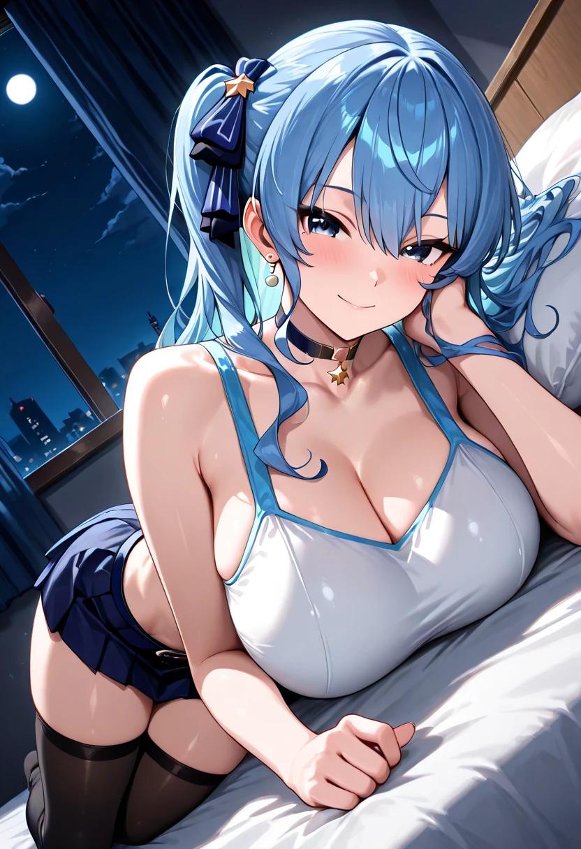 ((highest quality, 8K, masterpiece)),Rem(Re:zero),((Thumbs up(👍️)nice,Good Signs,stick out one hand,Five fingers)),((close one eye,happy smile)), cute beautiful woman with perfect body: 1.4, slim big breasts: 1.2, ((blue hair,short hair, big breasts: 1.2)),smile,happiness,後Light,Light , (Transparent Dress, half naked, highly detailed chest, happinessな表情, sitting,super mini skirt,cleavage,thighs,belly button), ((city night view, living room, Making mainly for women)), Highly detailed face and skin texture, Glossy skin,blush,
