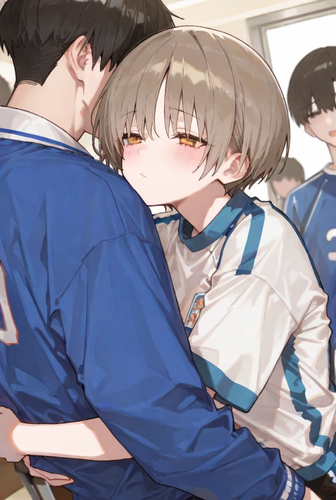 absurdres, (masterpiece:1.2), best quality, 1boy, man, mature, fluffy black hair, bangs, violet eyes, cute, bishounen, soccer uniform, sporty, loose shorts, short shorts, gentle expression, being held down by another boy, he likes it, blushing