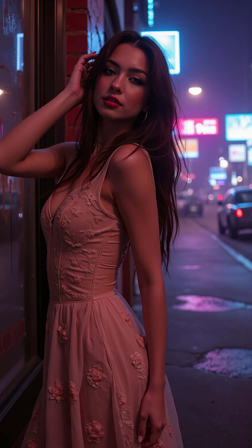 8k, masterpiece, RAW photo, best quality, photorealistic, extremely detailed CG unity 8k wallpaper, Depth of field, Cinematic Light, Lens Flare, Ray tracing, (extremely beautiful face, beautiful lips, beautiful eyes), intricate detail face, ((ultra detailed skin)) 1girl, in the dark, deep shadow, pretty korean girl, kpop idol, 1 girl, (very slim slender fit-muscled body:1.3), ((looking at viewer)),(big smile:1.3), (midnight, dark night, (neon sign), (blurred background), dim light), (without people in the background:1.3), beautiful earrings, bracelets, necklace, pantyhose, clear eyes, walking , front shot, (pale skin), (big eyes), face forward, (full body shot), (brown hairs), open navel, (looking at viewer:1.3), very slim, medium breasts, (camel toe), thick thighs, turn back, (flooming laced mini dress), ((white color dress)), (tight skirt), ((turning back, back shot)), ultra mini skirt, exposed ass, upper shot