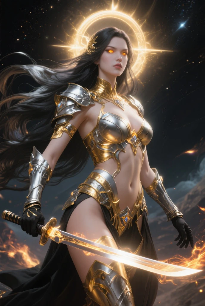 tmasterpiece，超高分辨率，A goddess of war with a long sword in her hand， Swing your sword vigorously on the rock，The sword body glows and bursts into flames，Fully armed，A female warrior in combat，White robes fluttering，The body is surrounded by flames，Barefoot，Full body like，flames of fire，Light，raiden，Ancient Greek idols style，deusa Atena，Goddess of battle，Goddess of beauty，Perfect body structure。The background is sky and clouds, flames of fire，Thomas Blackhill,Greek goddess Athena, j c leyendecker 8 k,portrait of celtic goddess diana, venus godness athena, --auto