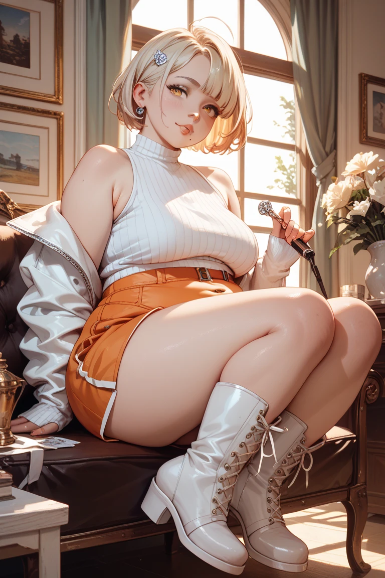 tmasterpiece， best qualtiy， realisticlying， ultra - detailed， （shiny skins， sweat leggs：1.4）， absurderes， Slender， Large breasts， looking at viewert， 1girll， 独奏， 比基尼， White sneakers， white mini-skirt， Very short hair， Orange-brown hair， Black eyes， （Large）， 动态照明， A high resolution， tack sharp focus， depth of fields， Detailed eyes，realistic pupil，opening legs