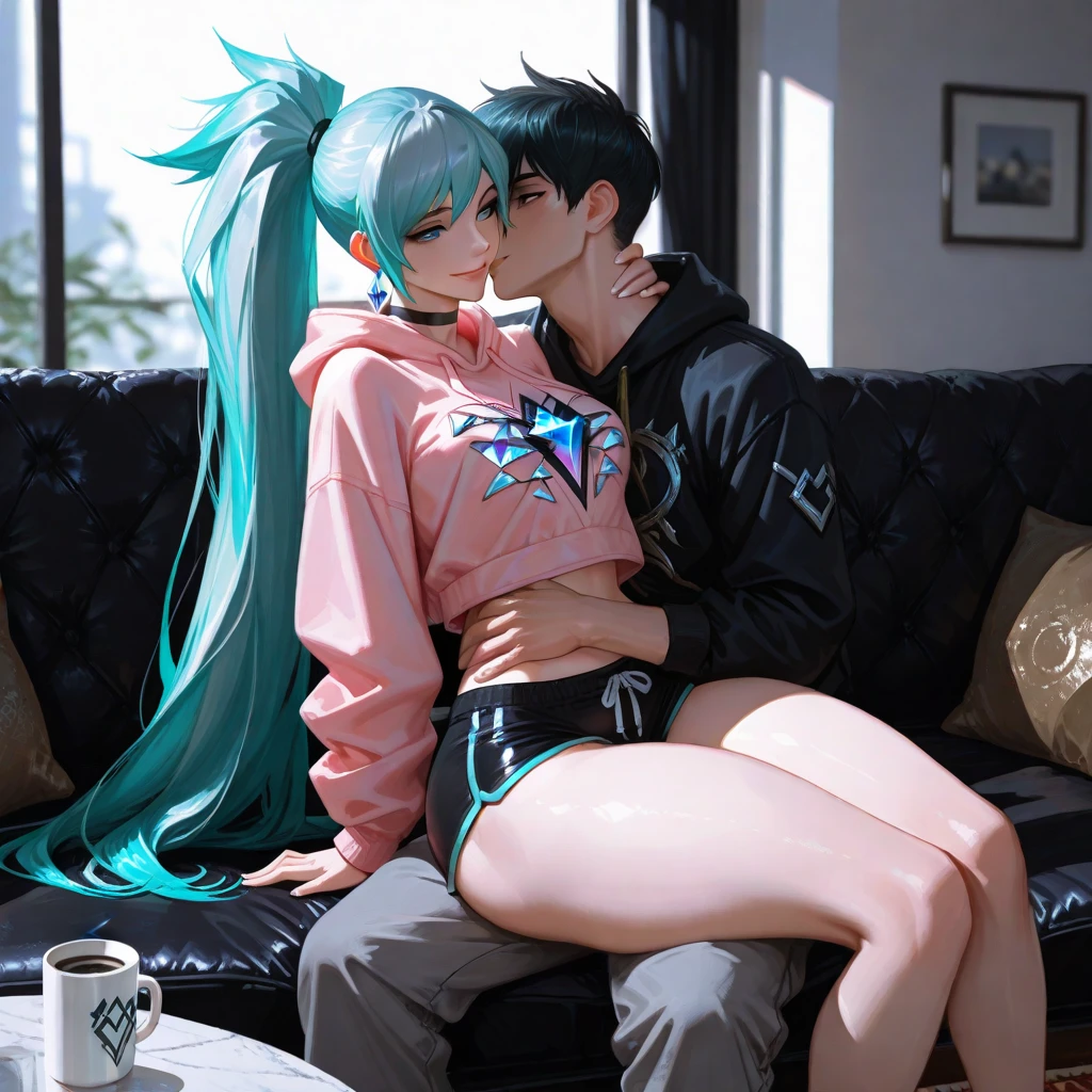 create a realistic 3D image, a pair of male and female lovers kissing each other warmly, the man is wearing a blue hoodie, jeans, and the woman is wearing just a bra and panties. Gradient black background with intense light quality.