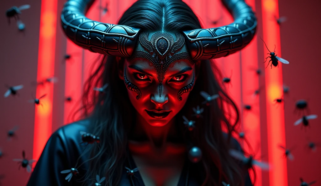 The Terrible Devil, scary female Beelzebub, (Queen of the Flies:1.5),high quality,realistic 3D, horror art , magician,demon,dark atmosphere,red and black, extremely detailed, masterpiece,4k realistic with lots of detail,фотоrealistic,extremely detailed expression,professional,bright colors, neon colored Bokeh, (better quality, 4k, 8 k, high resolution shower, masterpiece: 1.2), (Super detailed, realistic, фотоrealistic:1.37),