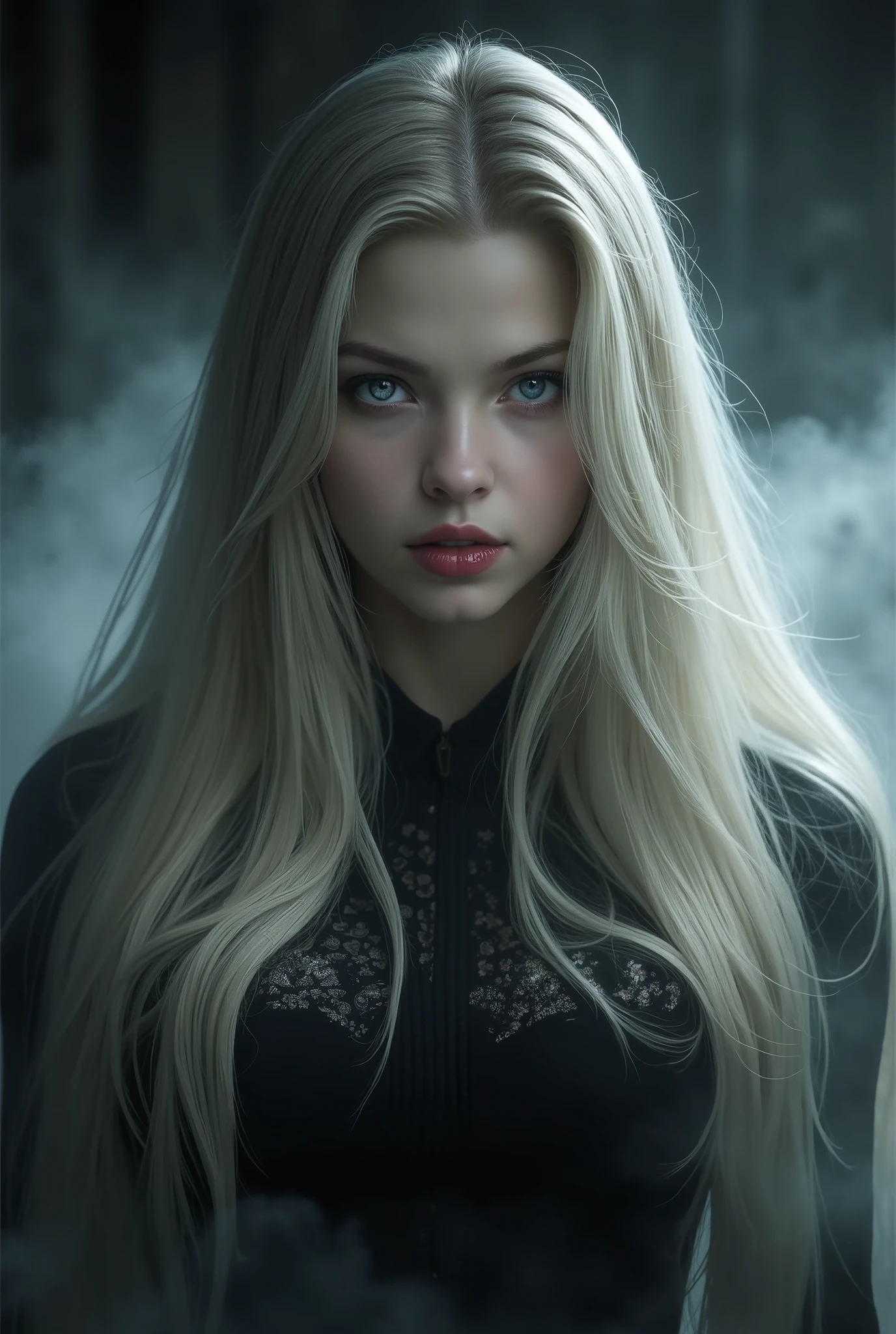 basement , eerie foggy lighting , long blonde hair , bright blue-grey eyes , full red lips , white skin , high quality , cinematic , photorealistic , realistic , high definition , extremely intricate details , black and white background