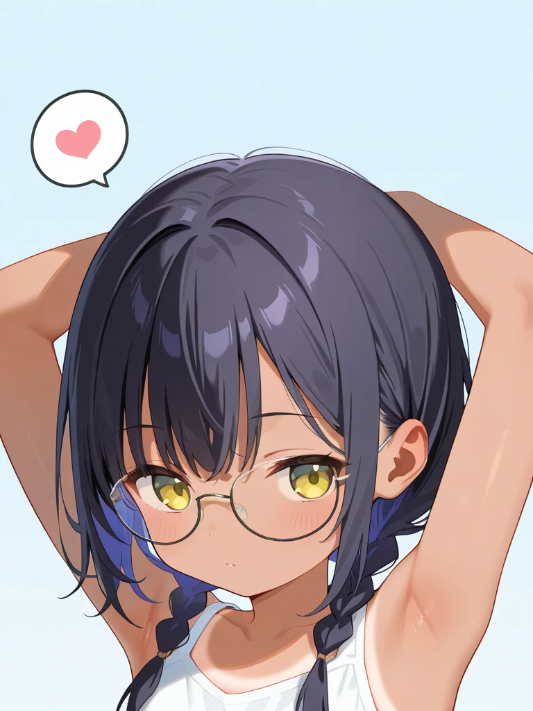 ultra-detailliert, Best Quality, High resolution, ((A petite, black-haired girl with big face and cute droopy eyes looks up.))、Pretty eyes、Detailed eye depiction、Eye sparkle、Sareme、Looking at Viewer, pale skin、(((Petite))), (White bikini swimsuit)、(flat chest), (big glasses), (blush:1.2), (big eye:1.5), Shy smile, in a pool, Focus on the face, Long hair with braids, ((Super close-up of the eyes))、(((from above))), open_mouth, tongue_out