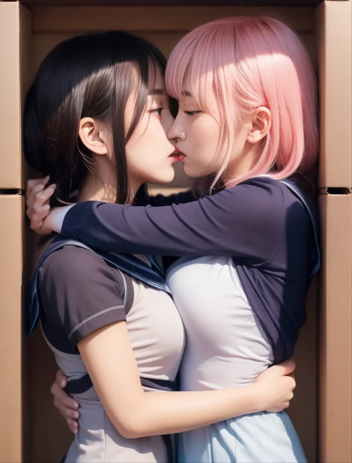 8k,masterpiece,Japanese,best quality, two (schoolgirls:1.4), kiss, (crowded box:1.3), (reluctantly:1,4), (blush:1.4), breasts