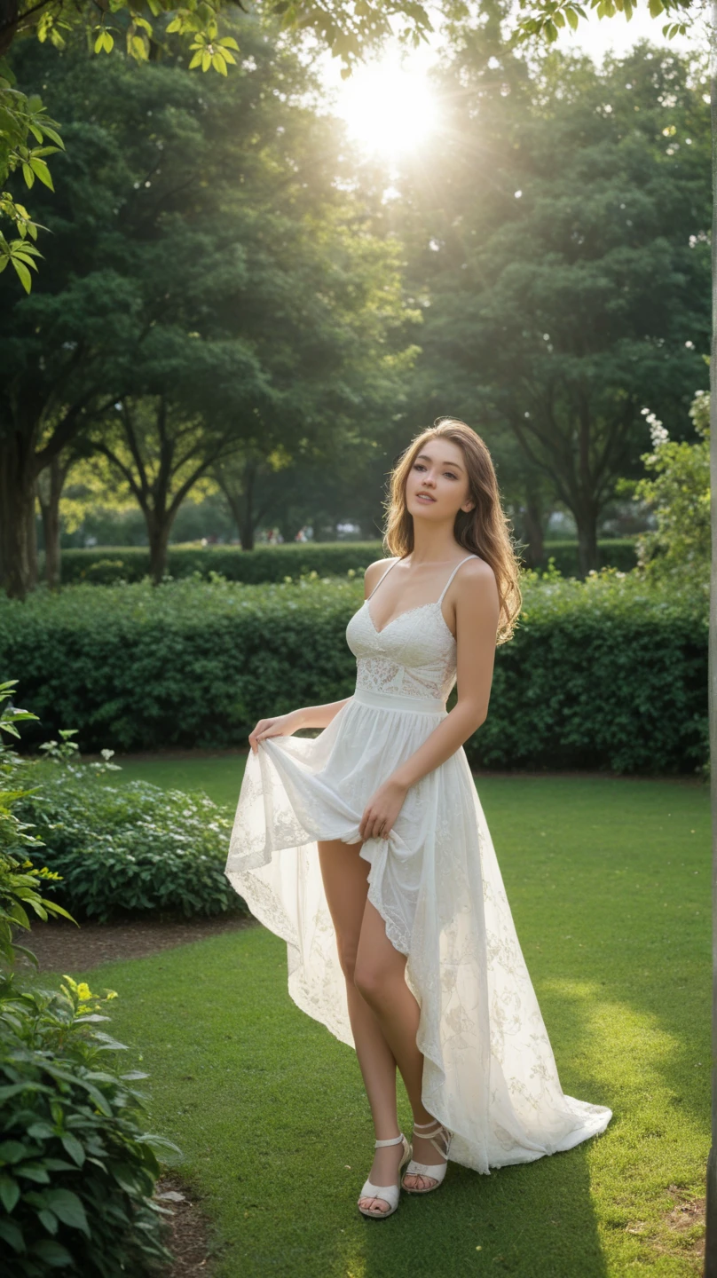 Unrealistic , stunning girl , brown hairs , green eyes , small breasts , small butts , beautiful , wears a beautiful dress , white skin tone , glamours glow on her face , 