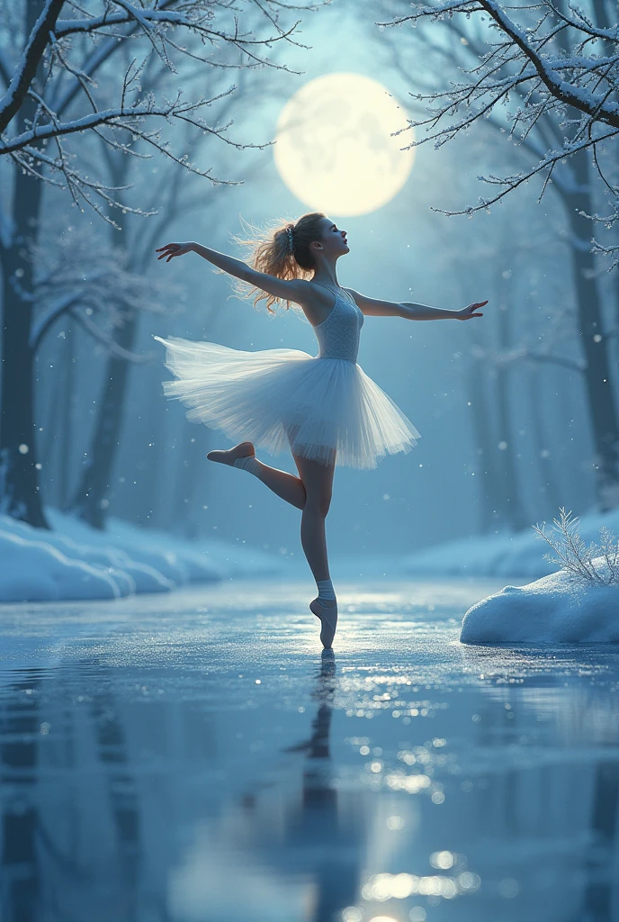 An ultra-realistic and highly detailed image of a sculpture made entirely of translucent ice, representing a ballerina dancing.