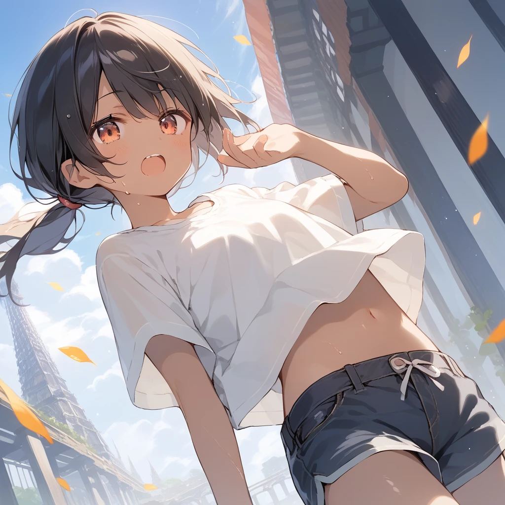 score_9, score_8_up, score_7_up, source_anime, best quality, masterpiece, official art, absurdres, highres, ultra-detailed,waifu2x,Collection: Slice of Life,break,1girl, tomboy, dark-skinned female, short hair, low ponytail, flat chest, beautiful detailed eyes, short shorts, sweat, open mouth, (yawn:0.3), sleepily, outdoors, wind,break,(clear line illustration:1.2), super detailed skin,very high resolution, very aesthetic, Best sexual lighting powered by famous artist, 8k,cute picture,beauty illustration,photoshop_(medium),,(Detailed Lighting),best anime 8k konachan wallpaper, pixiv contest winner,