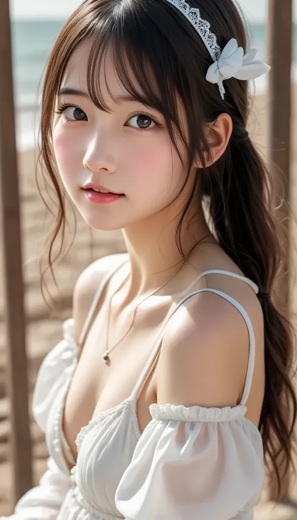 Sexy cute looks and cute 15 year old beautiful girl, Beautiful and sexy face、A strong wind blows my hair in front of my face、A little brown hair in French braids with cute and sexy eyes hidden by long bangs、Off-the-shoulder T-shirt、Tulle miniskirt
